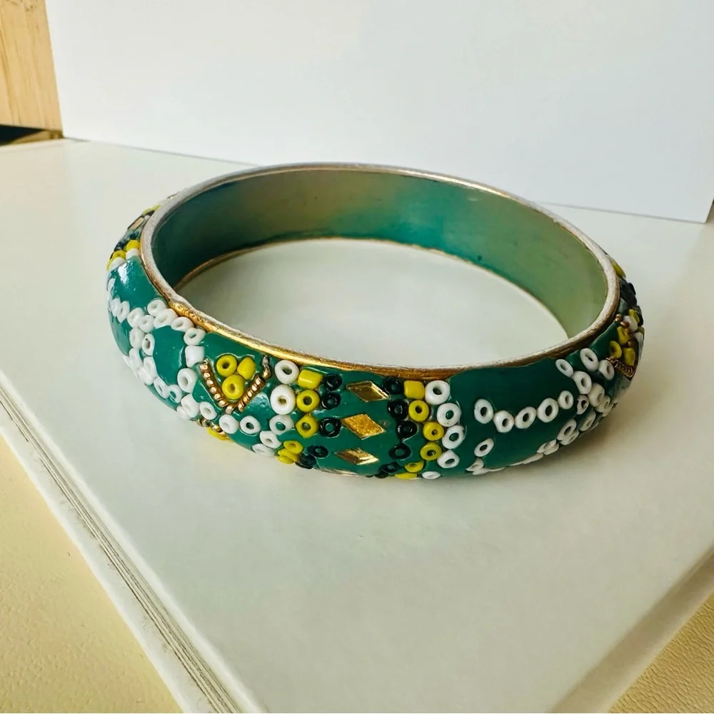 Vintage India Wooden Green Bracelet Bangle w Gold & Beaded Trim - Picture 5 of 7